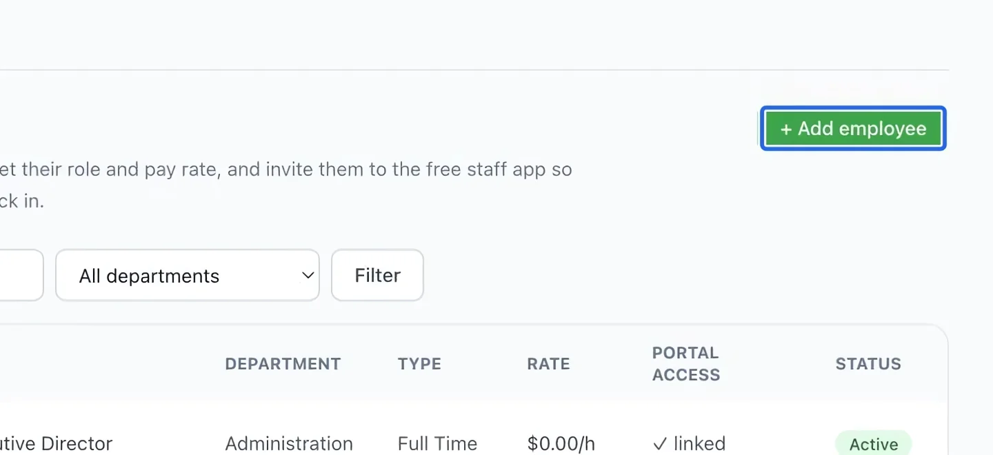 Screenshot: Open the employee form. The blue outlines identify the controls described in this step.