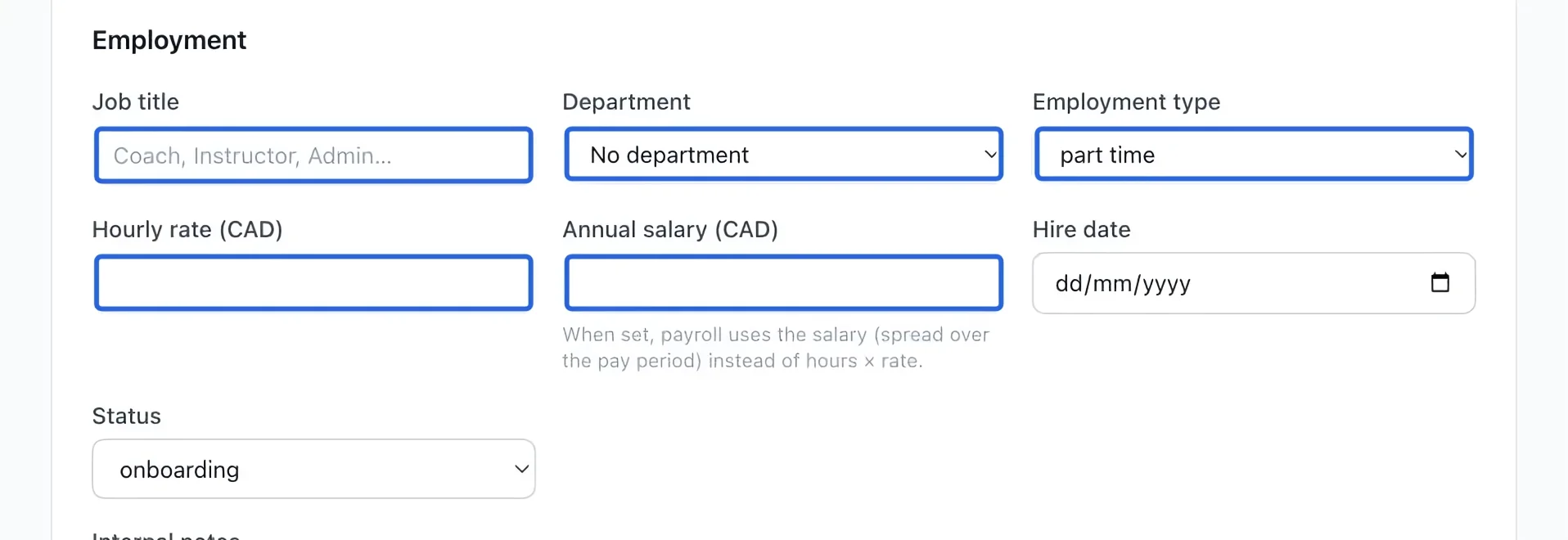 Screenshot: Set the employment details. The blue outlines identify the controls described in this step.