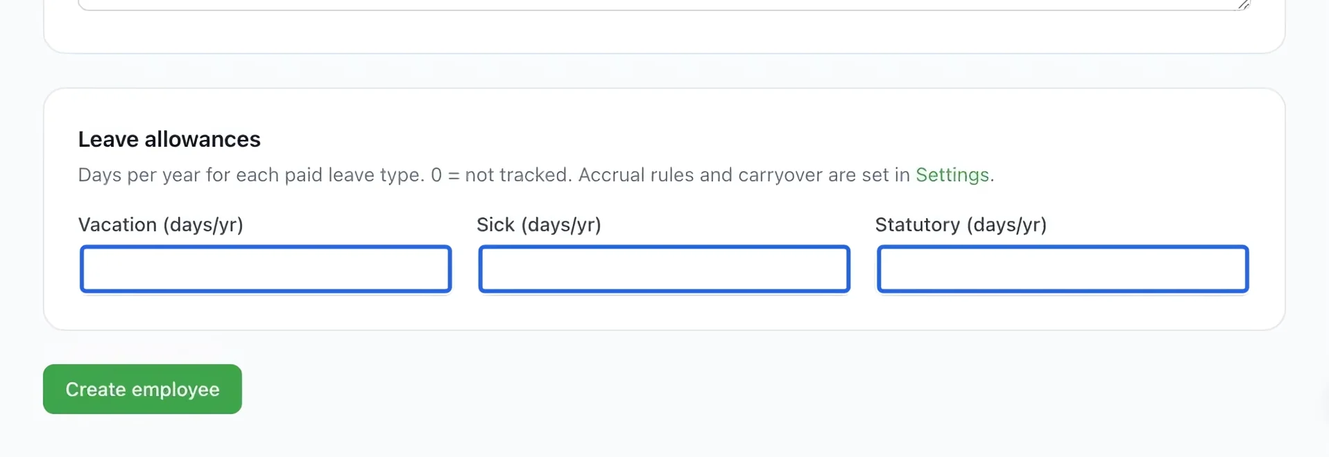 Screenshot: Enter leave allowances. The blue outlines identify the controls described in this step.