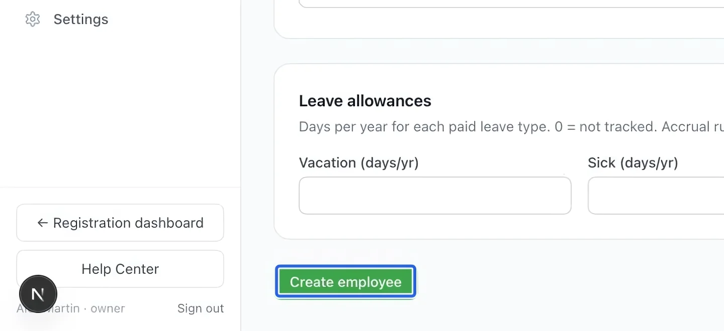 Screenshot: Create the employee. The blue outlines identify the controls described in this step.