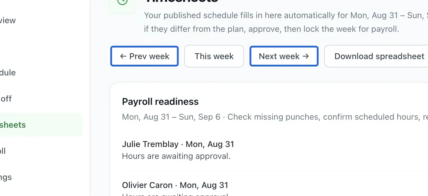 Screenshot: Select the week. The blue outlines identify the controls described in this step.