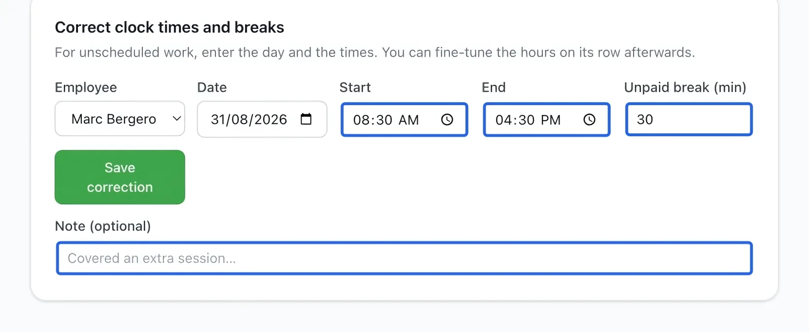 Screenshot: Correct a time entry. The blue outlines identify the controls described in this step.