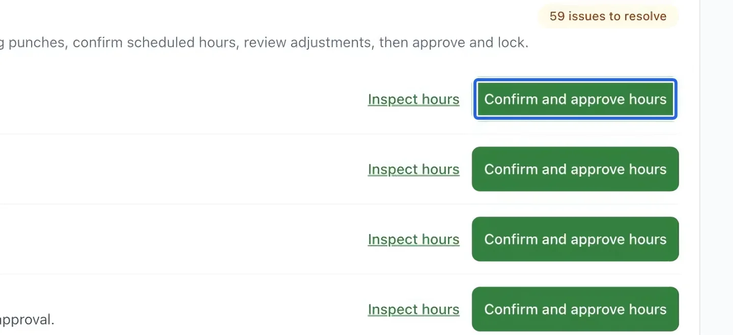 Screenshot: Approve reviewed hours. The blue outlines identify the controls described in this step.