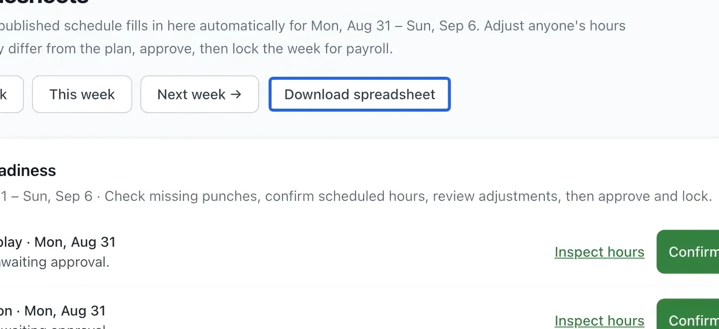Screenshot: Export the reviewed period. The blue outlines identify the controls described in this step.
