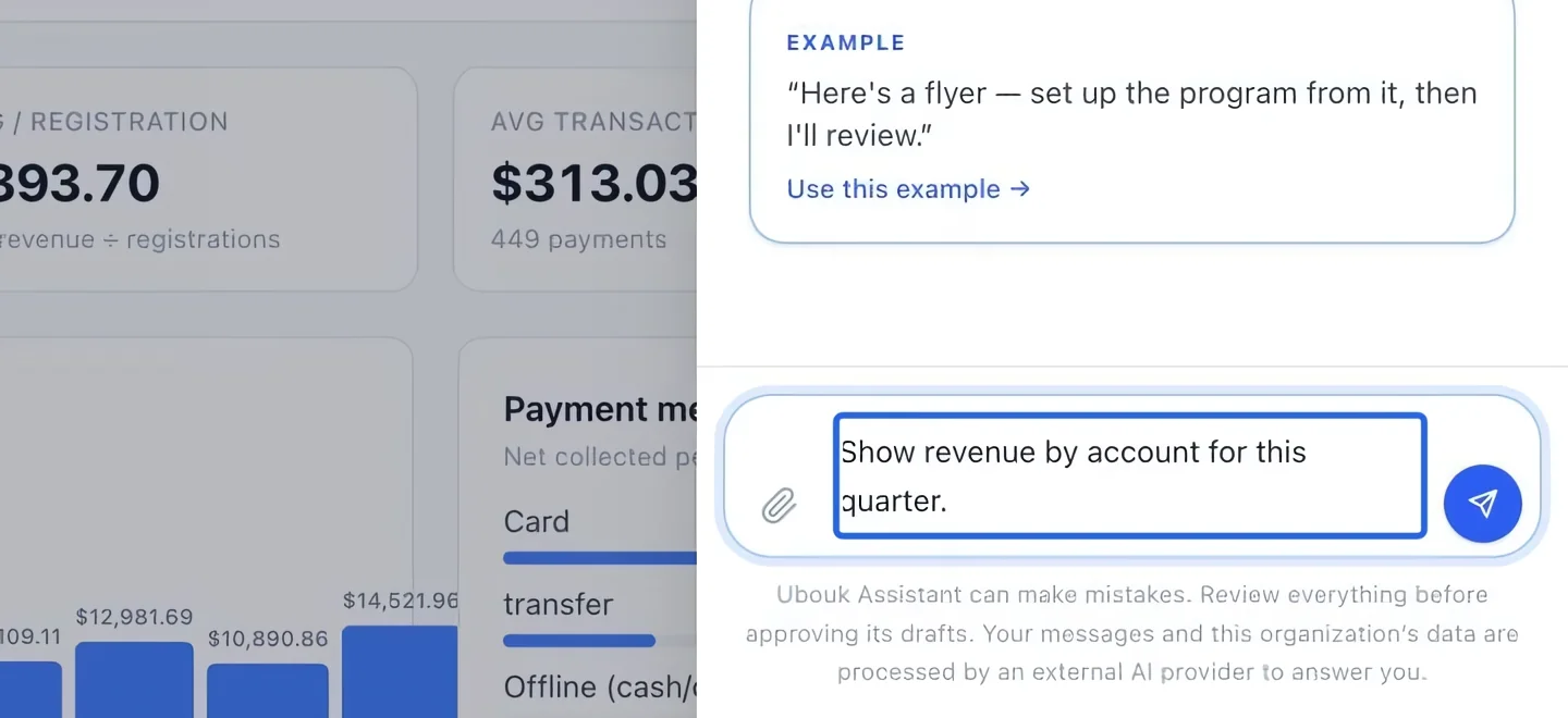 Screenshot: Ask a scoped financial question. The blue outlines identify the controls described in this step.