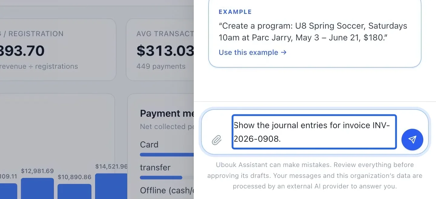 Screenshot: Trace an invoice or request a journal file. The blue outlines identify the controls described in this step.