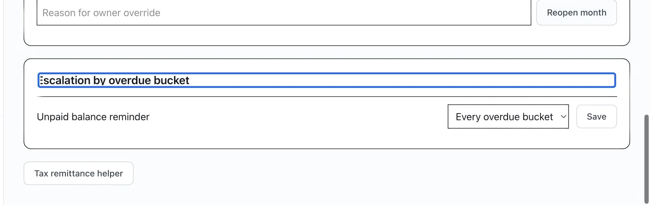 Screenshot: Prepare the unpaid-balance automation. The blue outlines identify the controls described in this step.