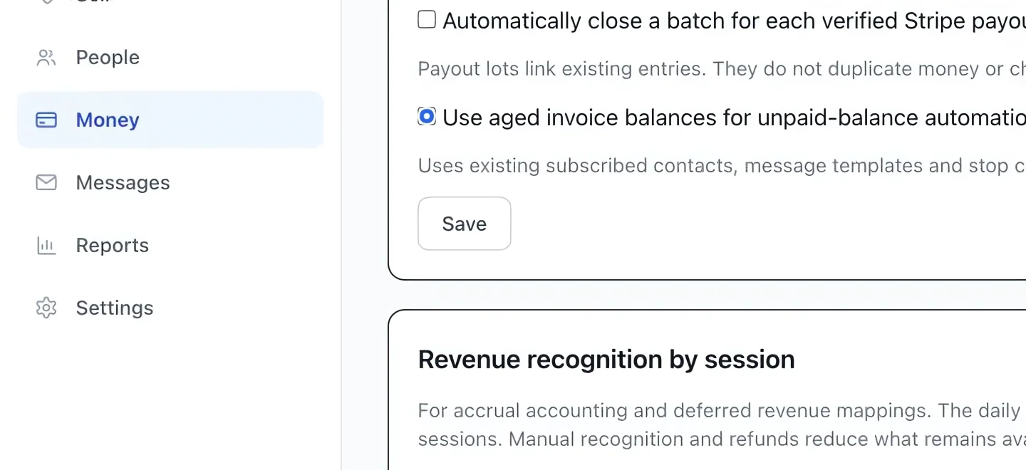 Screenshot: Enable aged-balance reminders. The blue outlines identify the controls described in this step.