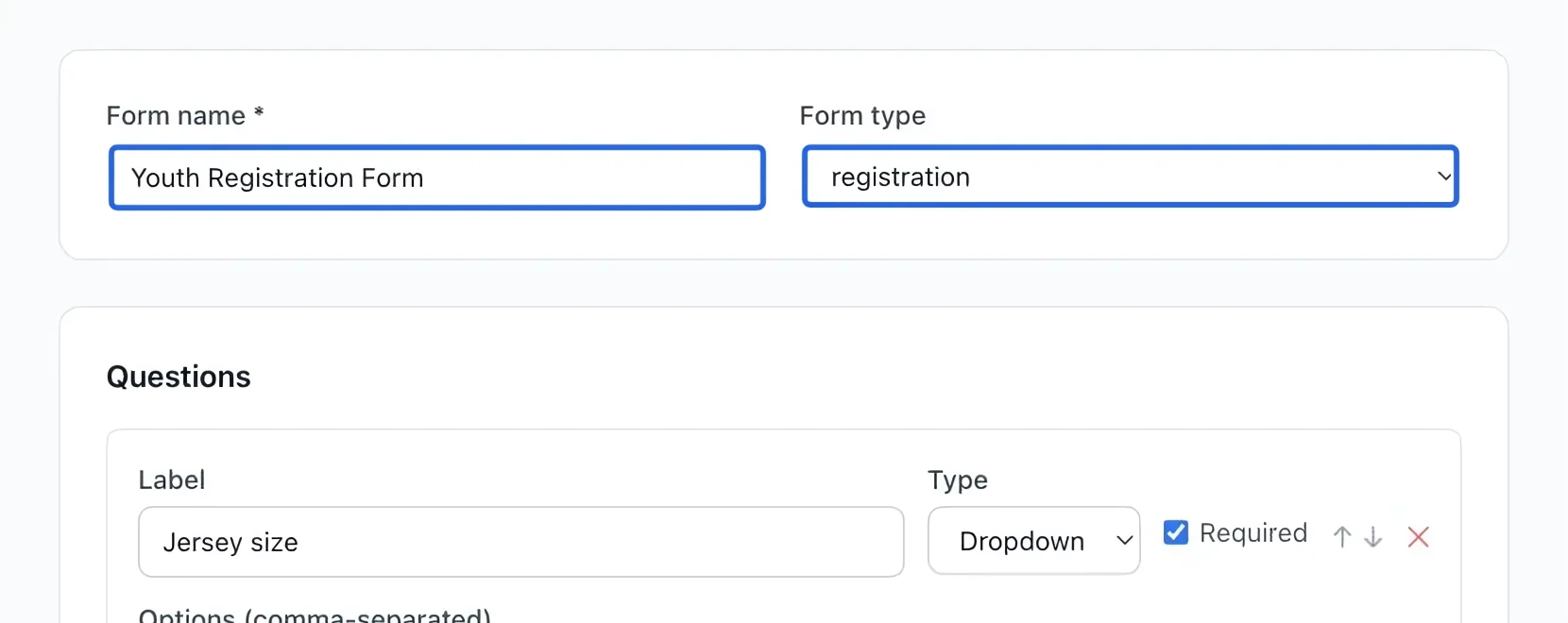 Screenshot: Name and classify the form. The blue outlines identify the controls described in this step.