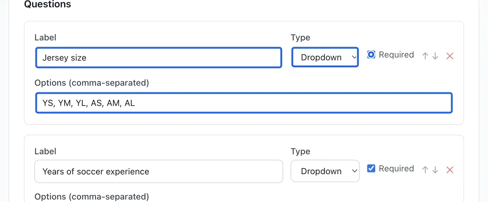 Screenshot: Configure the question. The blue outlines identify the controls described in this step.