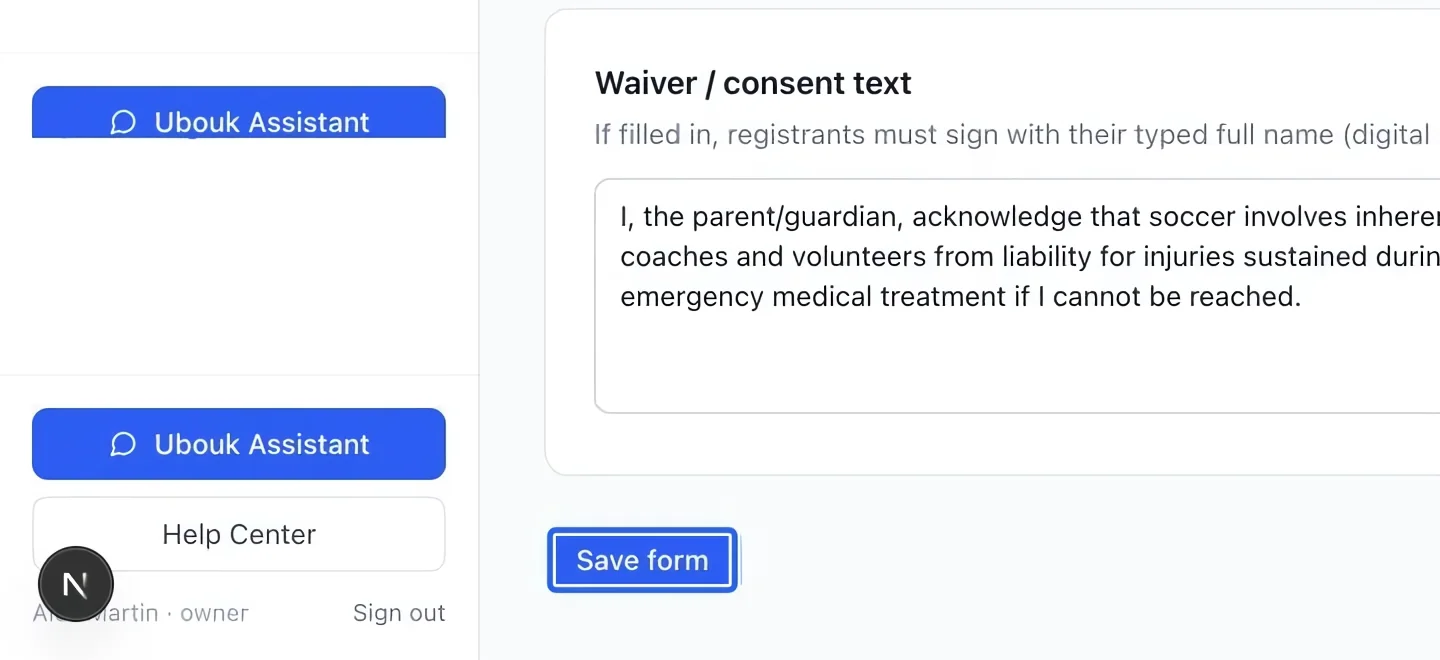 Screenshot: Save the form. The blue outlines identify the controls described in this step.