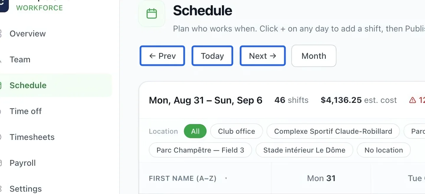 Screenshot: Choose the week. The blue outlines identify the controls described in this step.