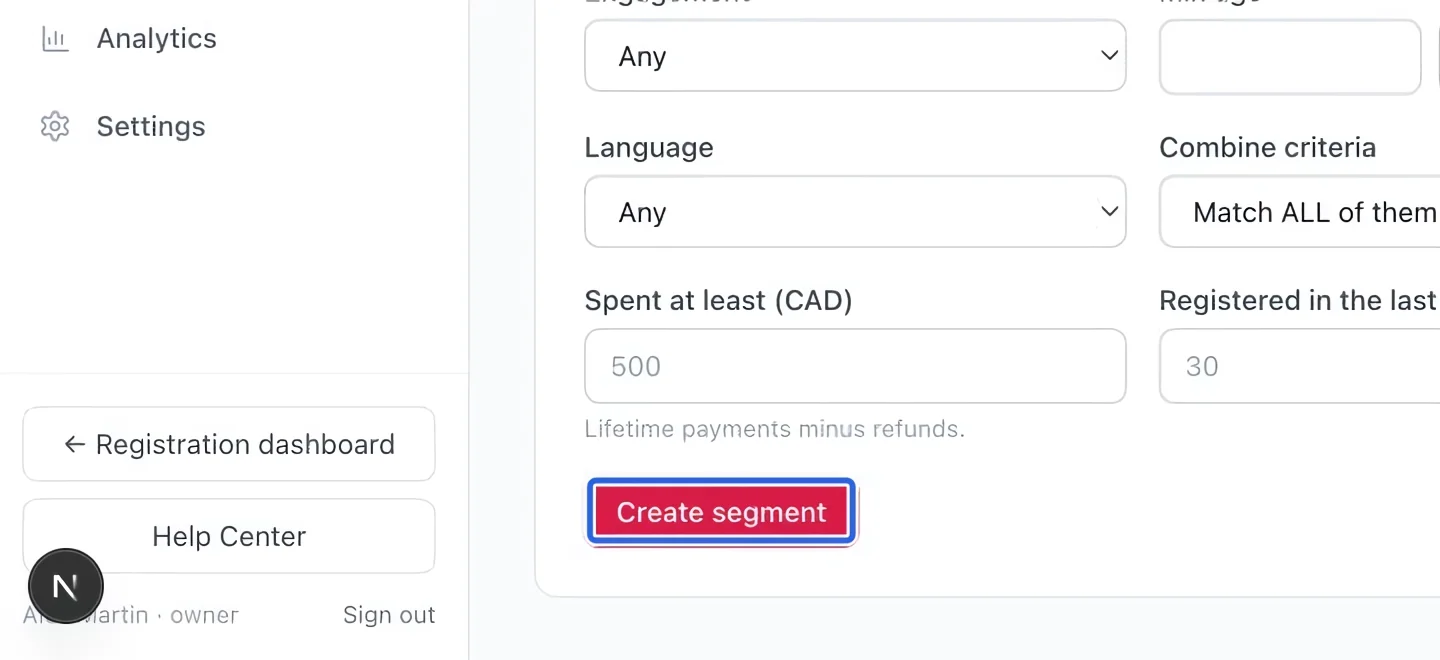 Screenshot: Save and review the segment. The blue outlines identify the controls described in this step.