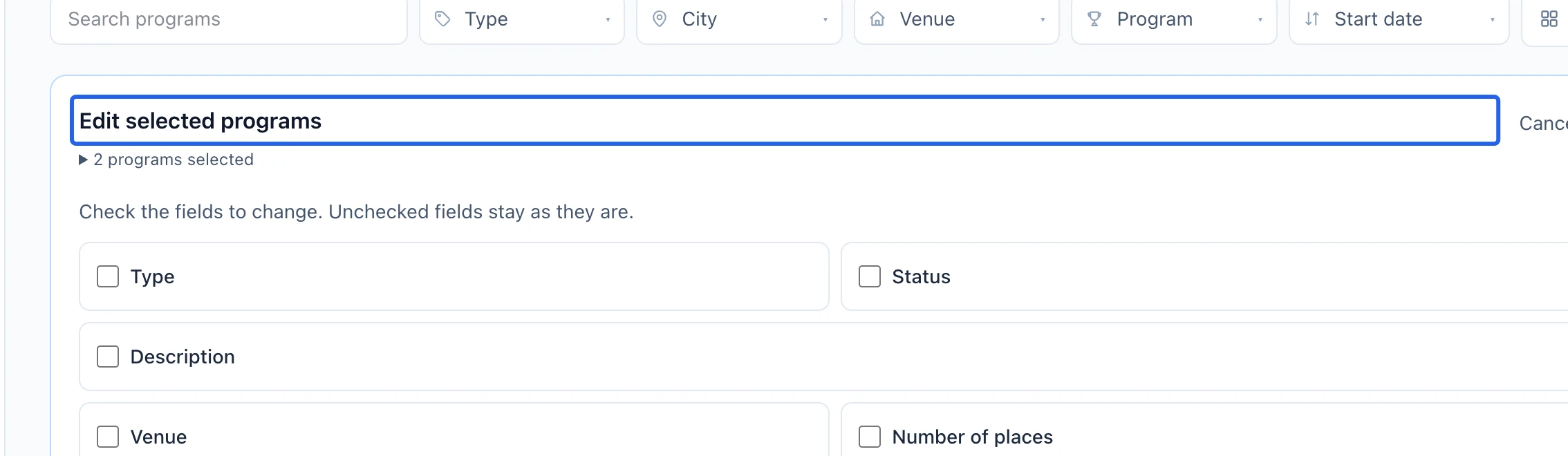 Screenshot: Enable only the intended changes. The blue outlines identify the controls described in this step.