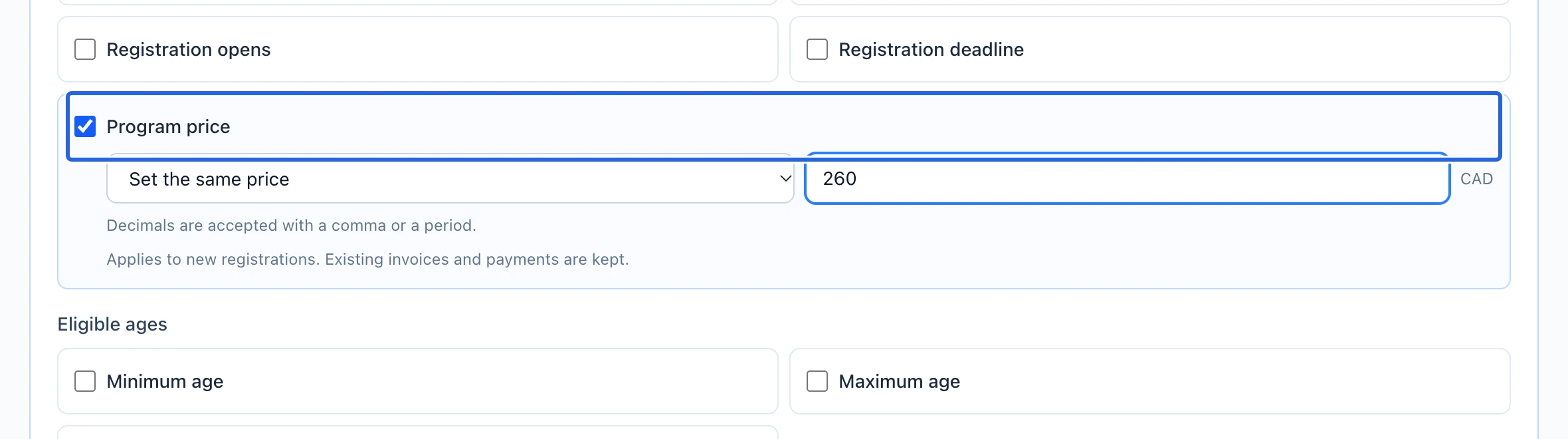Screenshot: Review prices and option effects. The blue outlines identify the controls described in this step.