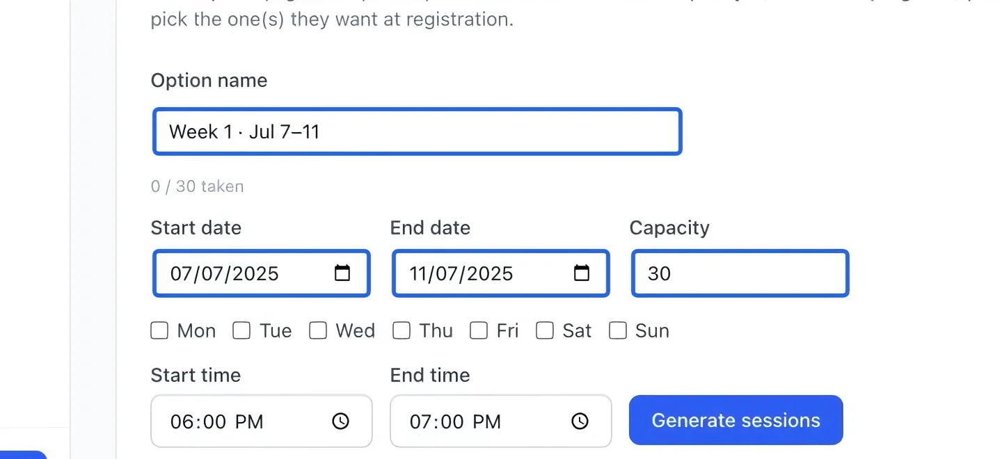 Screenshot: Name the option and set its capacity. The blue outlines identify the controls described in this step.