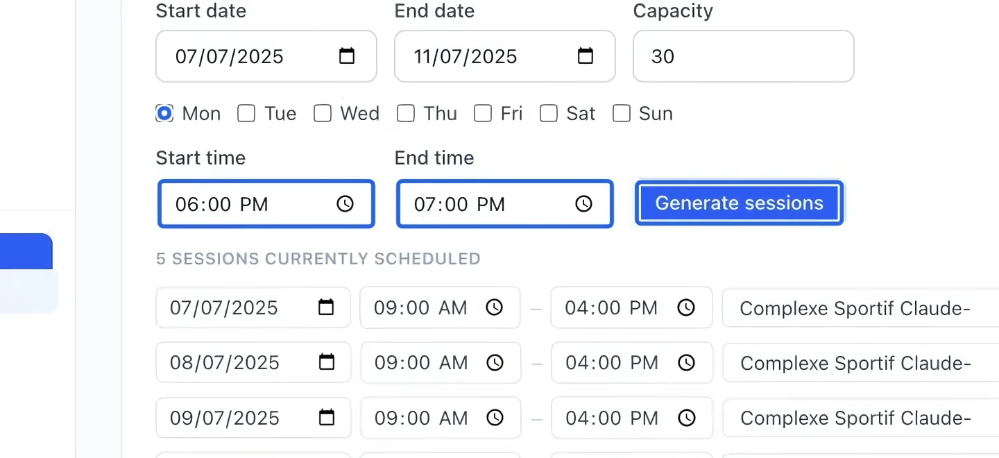 Screenshot: Generate that option’s sessions. The blue outlines identify the controls described in this step.