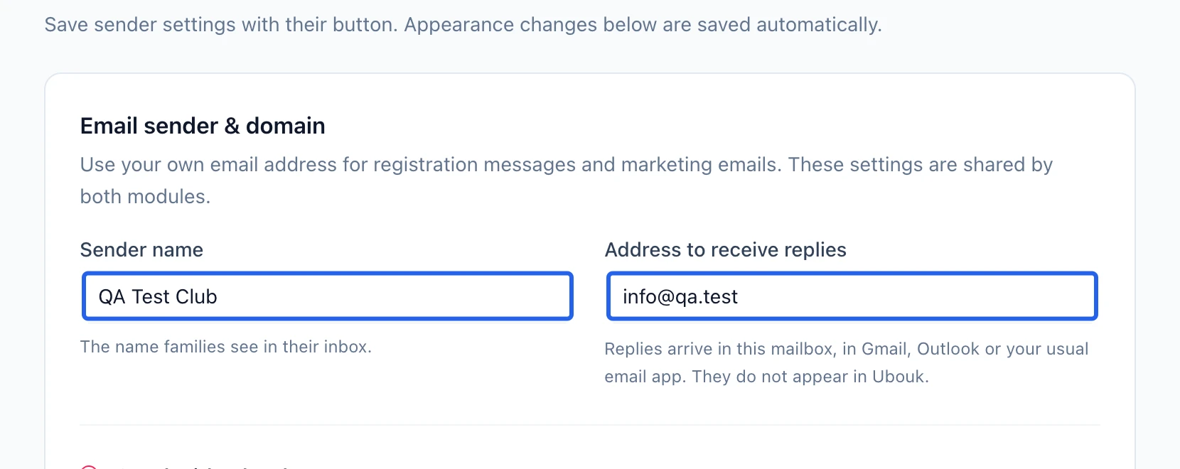 Screenshot: Open the shared sender settings. The blue outlines identify the controls described in this step.