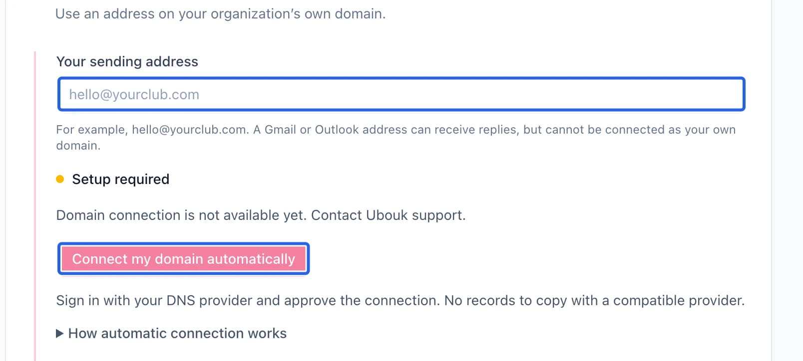 Screenshot: Follow domain verification to completion. The blue outlines identify the controls described in this step.
