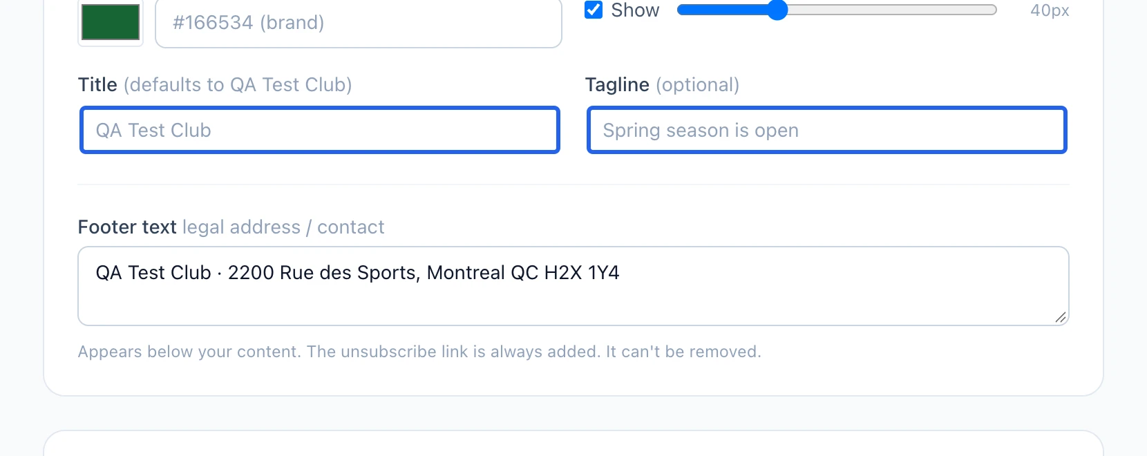 Screenshot: Review the email appearance and sign-up rules. The blue outlines identify the controls described in this step.