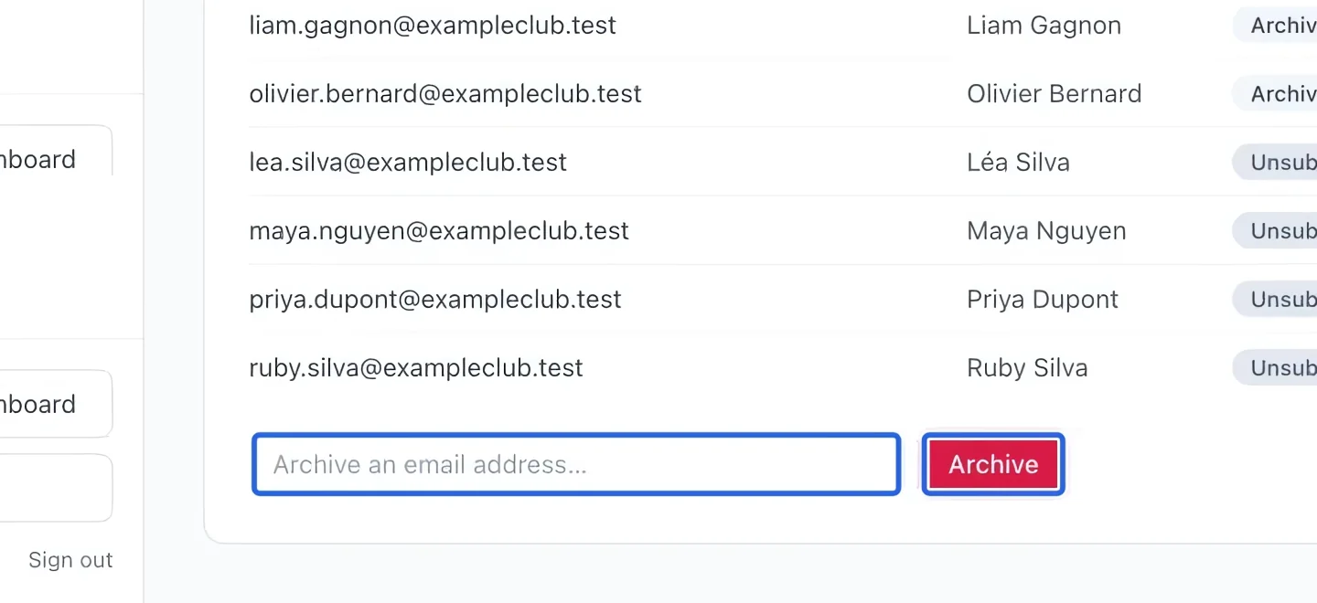 Screenshot: Archive an address when needed. The blue outlines identify the controls described in this step.