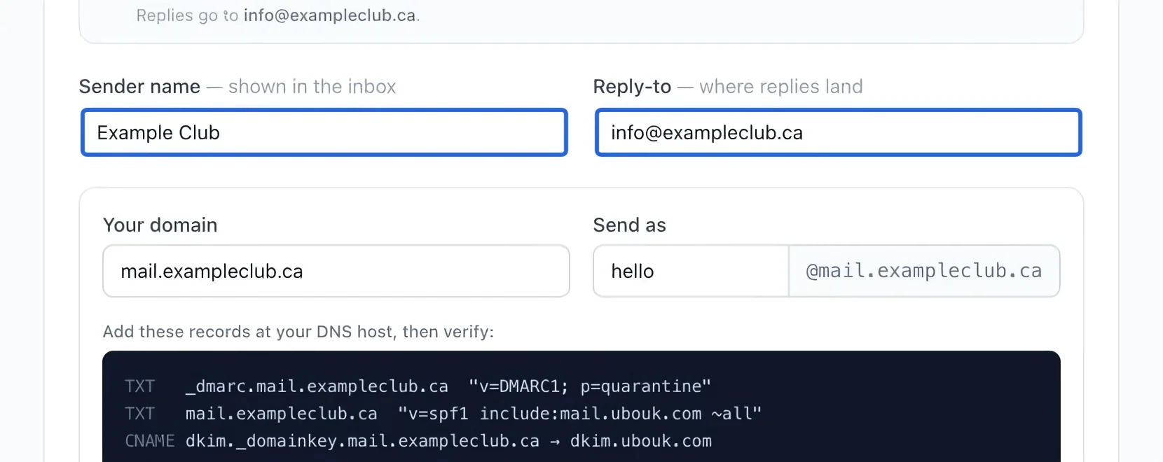 Screenshot: Check your sender identity. The blue outlines identify the controls described in this step.
