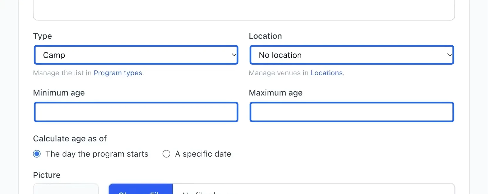 Screenshot: Choose the type, venue and ages. The blue outlines identify the controls described in this step.