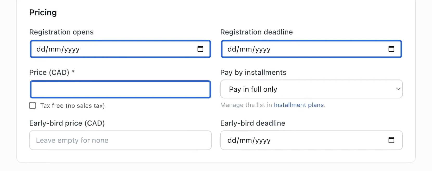 Screenshot: Set the price and booking dates. The blue outlines identify the controls described in this step.