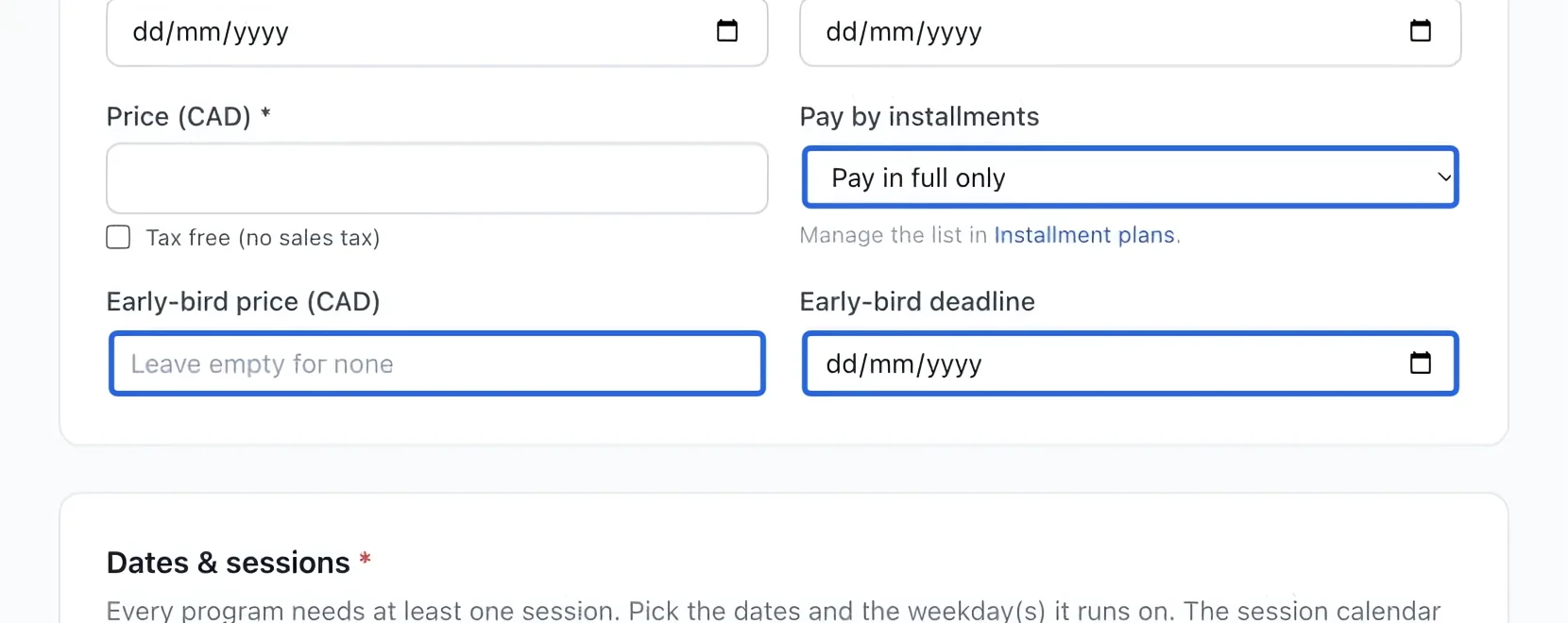 Screenshot: Set optional payment choices. The blue outlines identify the controls described in this step.