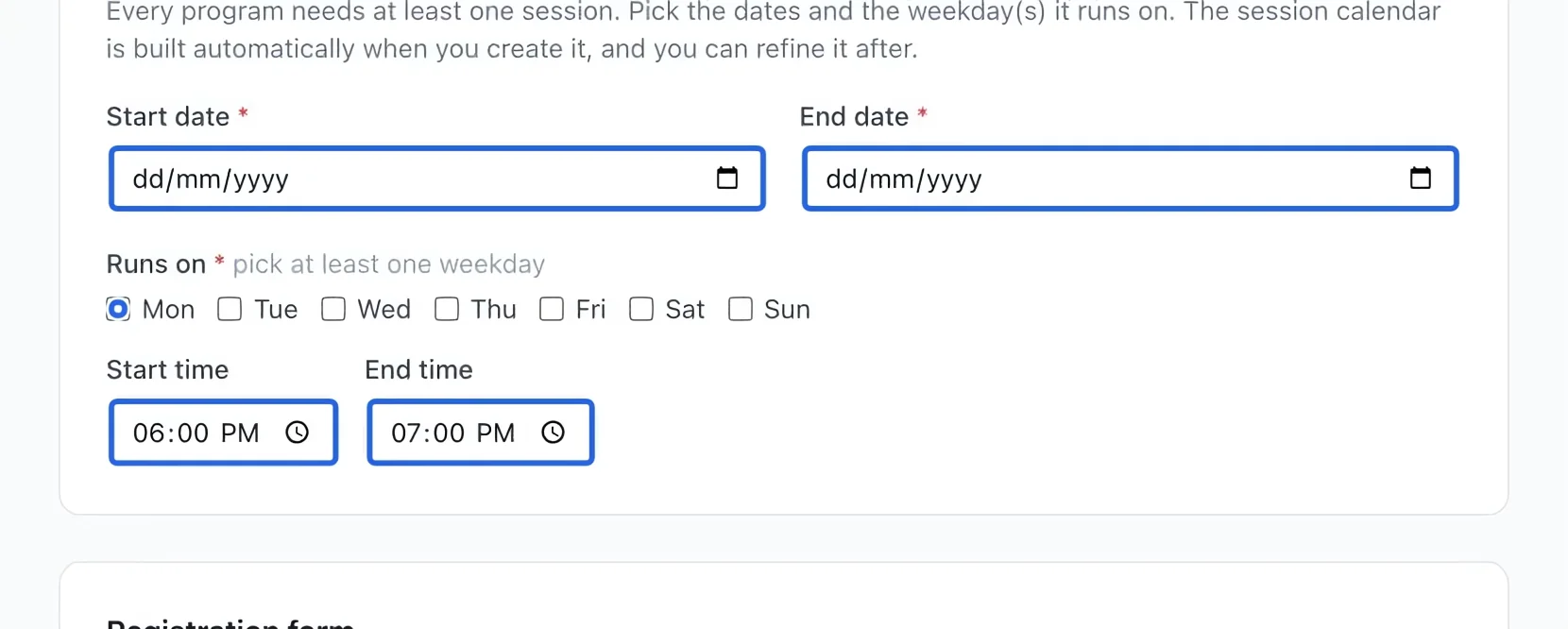 Screenshot: Build the schedule. The blue outlines identify the controls described in this step.