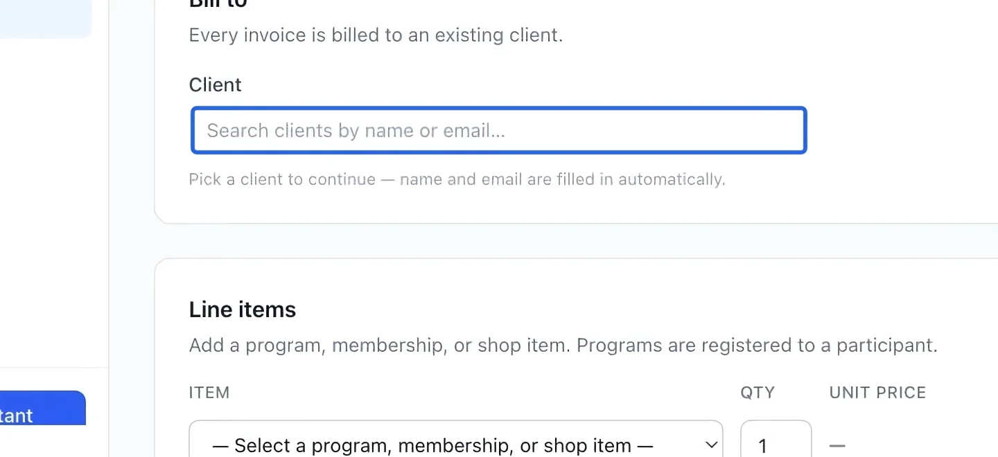 Screenshot: Select the client. The blue outlines identify the controls described in this step.
