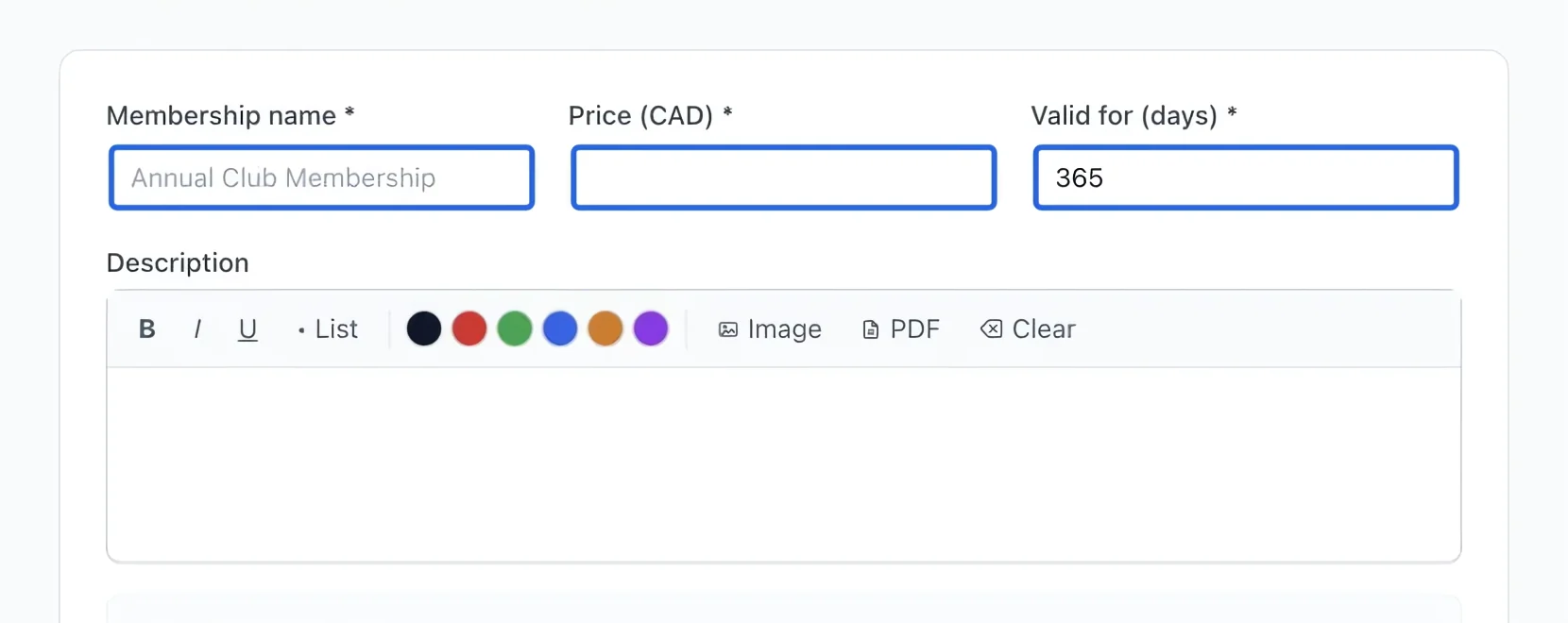 Screenshot: Set the name, price and validity. The blue outlines identify the controls described in this step.