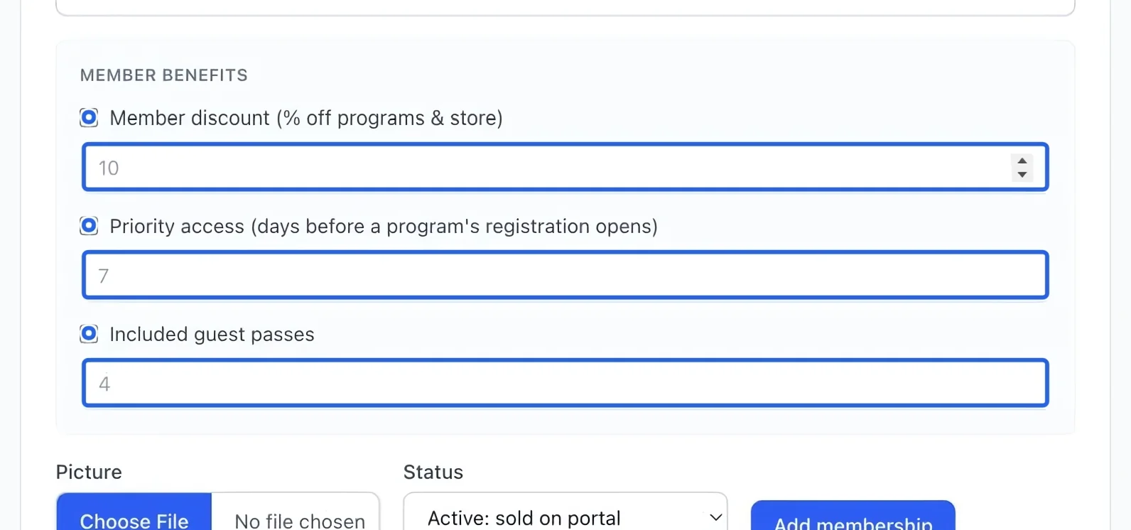 Screenshot: Configure benefits. The blue outlines identify the controls described in this step.