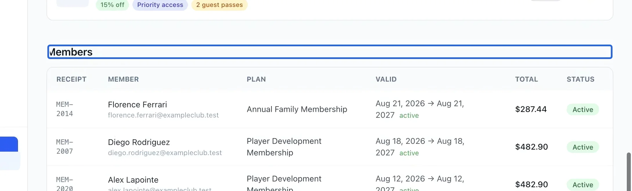 Screenshot: Review member purchases. The blue outlines identify the controls described in this step.