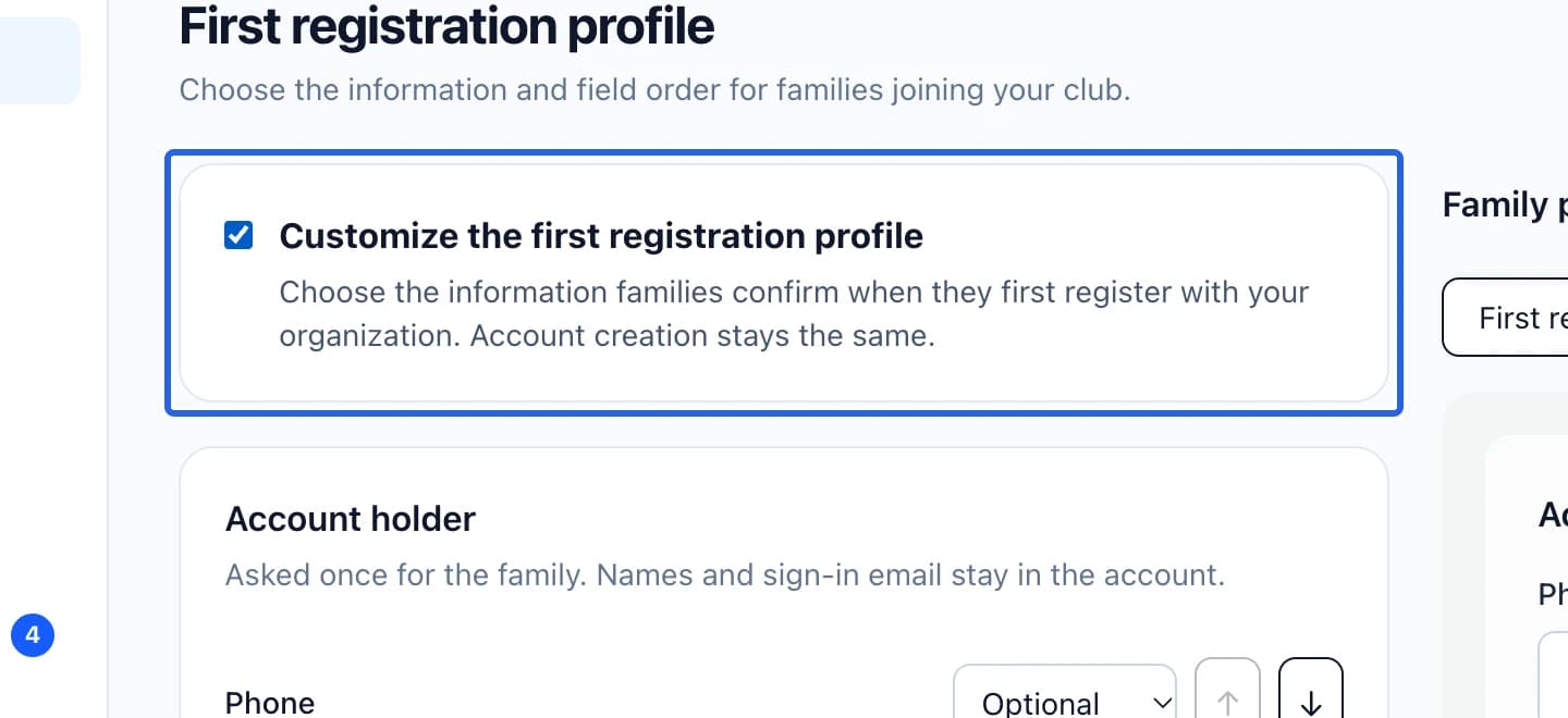 Screenshot: Open the club profile settings. The blue outlines identify the controls described in this step.