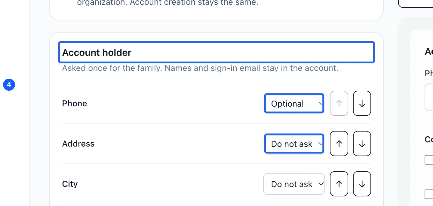 Screenshot: Choose account and participant fields. The blue outlines identify the controls described in this step.
