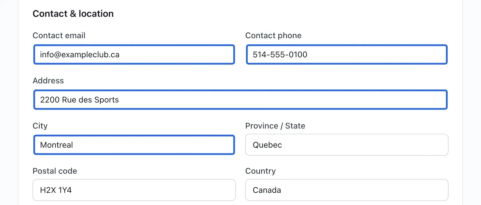 Screenshot: Enter contact details. The blue outlines identify the controls described in this step.