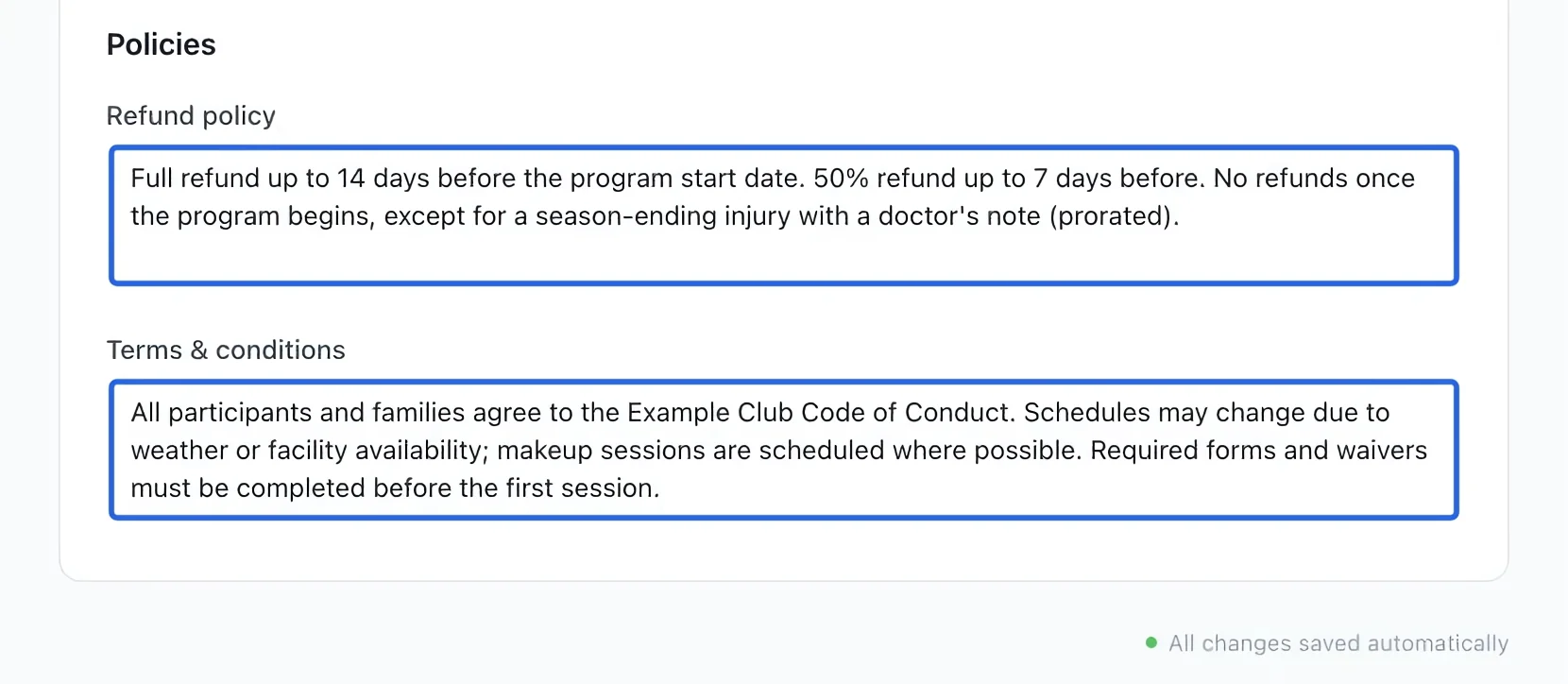 Screenshot: Write the policies. The blue outlines identify the controls described in this step.