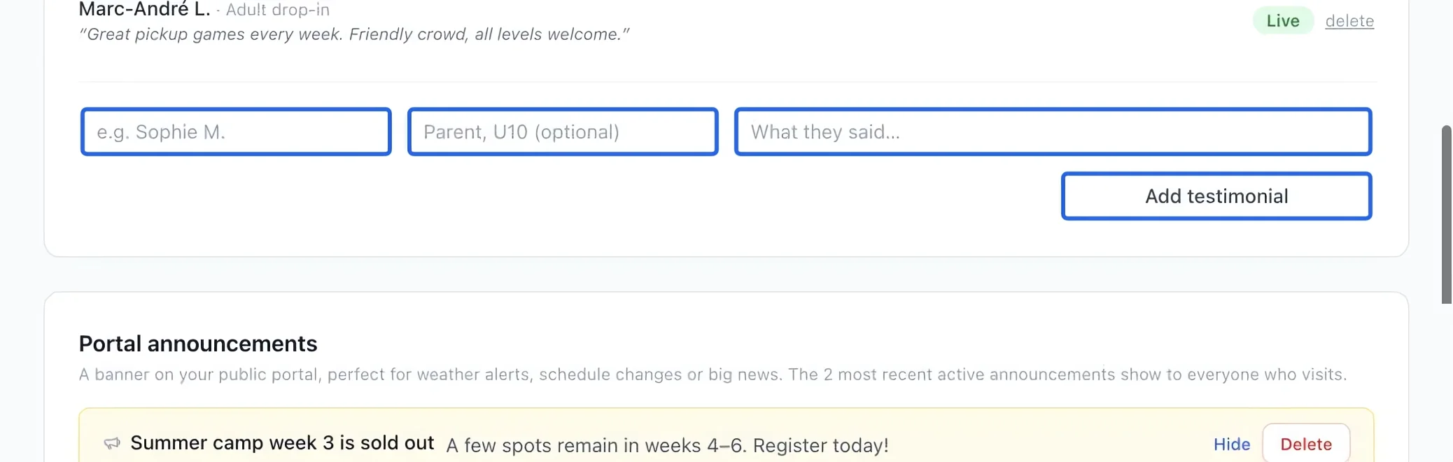 Screenshot: Add a testimonial. The blue outlines identify the controls described in this step.
