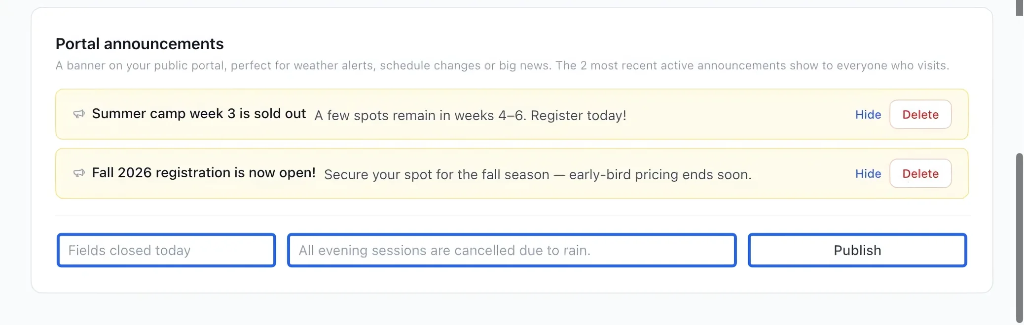 Screenshot: Publish an announcement. The blue outlines identify the controls described in this step.