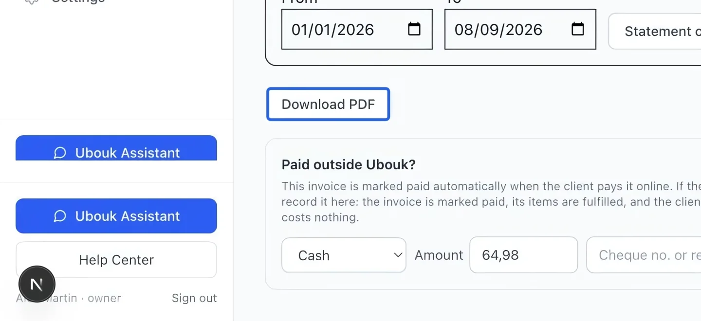 Screenshot: Review the invoice PDF. The blue outlines identify the controls described in this step.