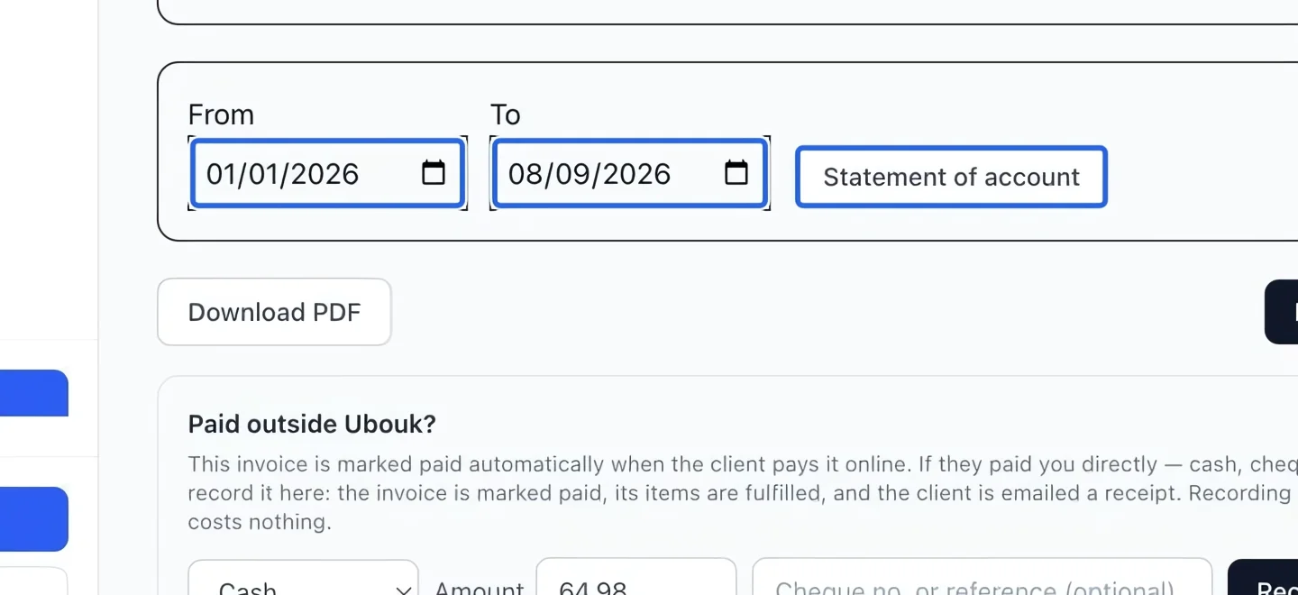 Screenshot: Download a dated account statement. The blue outlines identify the controls described in this step.