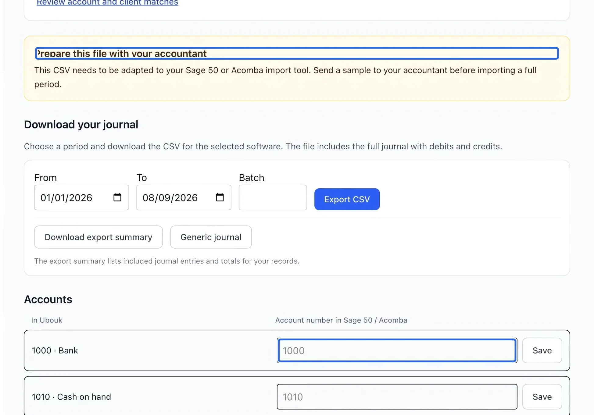 Screenshot: Prepare the Sage or Acomba format. The blue outlines identify the controls described in this step.