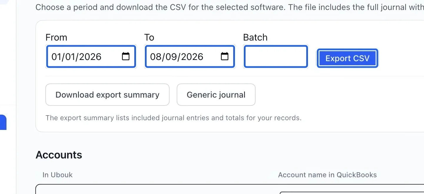 Screenshot: Choose the period and download. The blue outlines identify the controls described in this step.