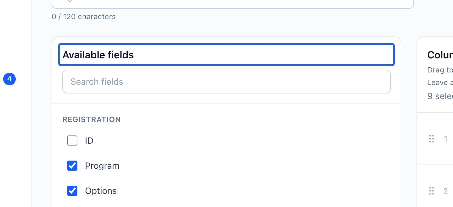 Screenshot: Select the right fields. The blue outlines identify the controls described in this step.