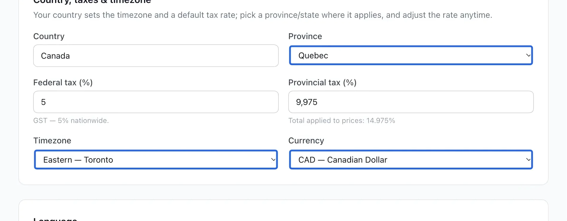 Screenshot: Set your region first. The blue outlines identify the controls described in this step.