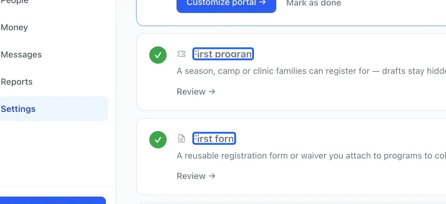 Screenshot: Create your first activity and form. The blue outlines identify the controls described in this step.