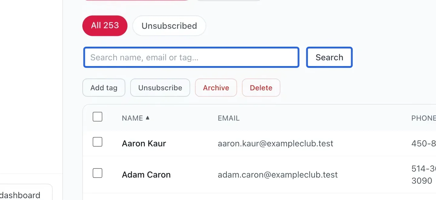 Screenshot: Check for an existing contact. The blue outlines identify the controls described in this step.