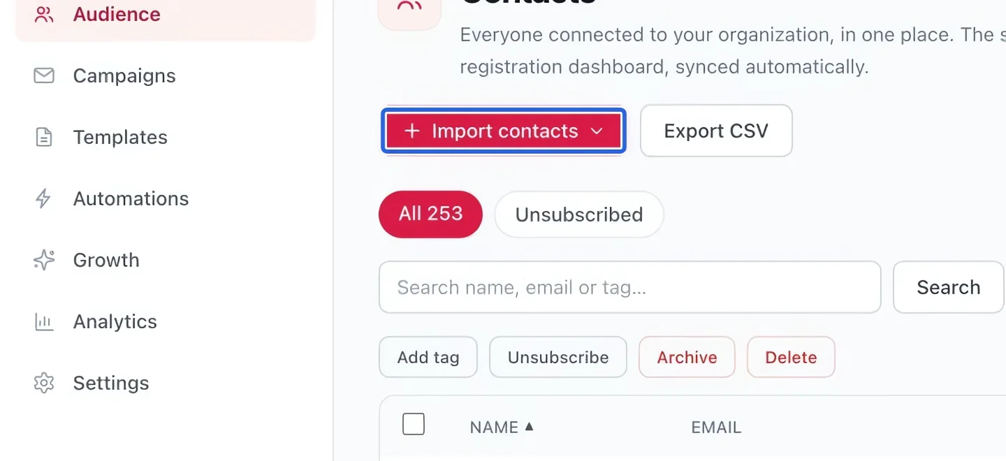 Screenshot: Open the importer. The blue outlines identify the controls described in this step.
