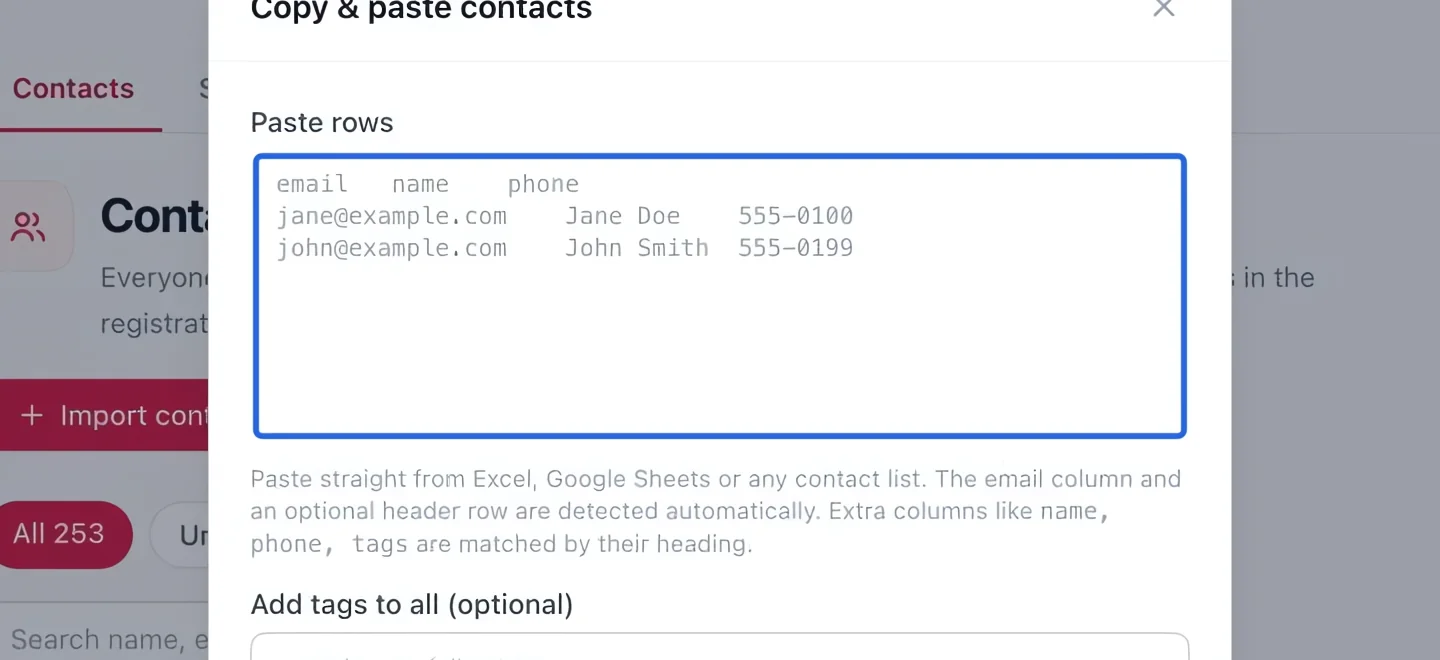 Screenshot: Paste the contact rows. The blue outlines identify the controls described in this step.